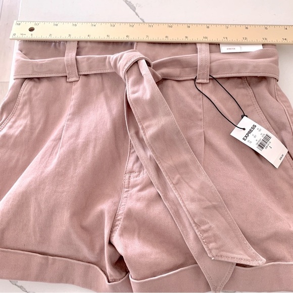 Express Dusty Rose Pink Tie-Front Paperbag Waist Super High Waisted Shorts - Picture 7 of 12